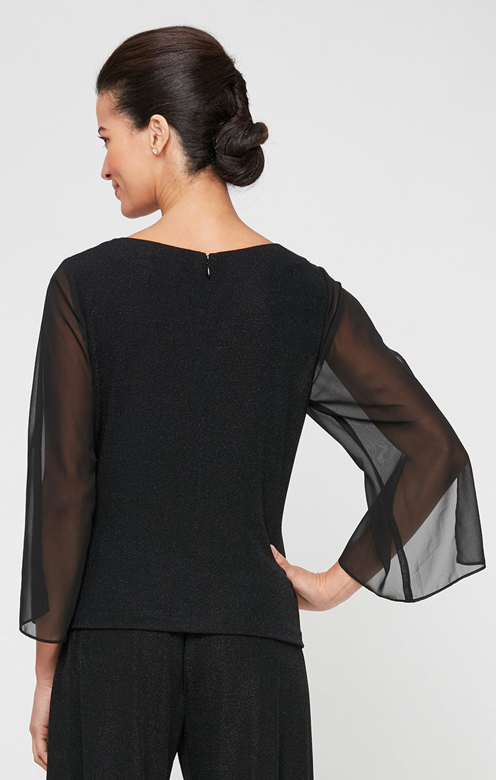 Petite 3/4 Sleeve Blouse with Beaded Detail at Hip and Illusion Sleeves