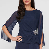 3/4 Sleeve Blouse with Beaded Detail at Hip and Illusion Sleeves