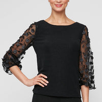 Petite 3/4 Sleeve Blouse with 3-D Flower Illusion Sleeves