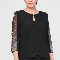 3/4 Sleeve Metallic Knit Mock Twinset with Heat Set Illusion Bell Sleeves and Hook Neck Closure