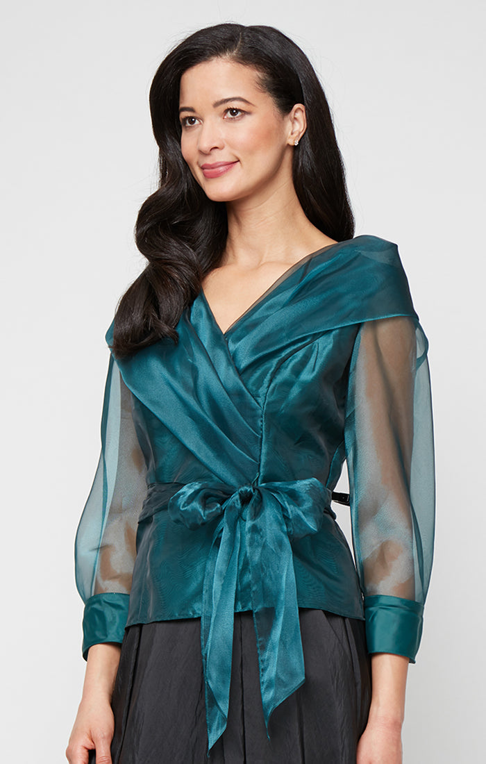 3/4 Sleeve Organza Blouse with Portrait Collar Neckline, Illusion Sleeves and Tie Waist
