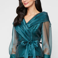 Petite 3/4 Sleeve Organza Blouse with Portrait Collar Neckline, Illusion Sleeves and Tie Waist