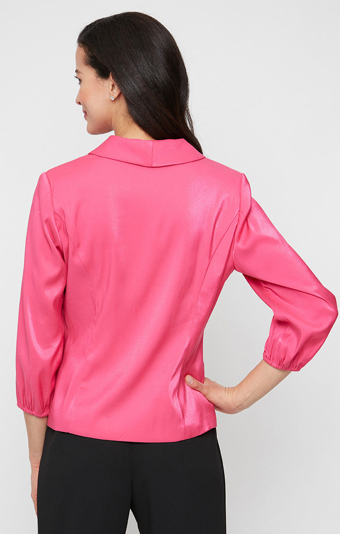 Petite 3/4 Sleeve Stretch Shimmer Blouse with Collar and Center Front Button Closure