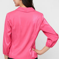 Petite 3/4 Sleeve Stretch Shimmer Blouse with Collar and Center Front Button Closure