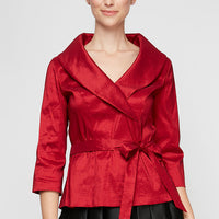 3/4 Sleeve Stretch Taffeta Blouse with Tie Waist Detail