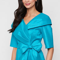 Elbow Sleeve Stretch Taffeta Blouse with Collar and Tie Waist