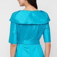 Elbow Sleeve Stretch Taffeta Blouse with Collar and Tie Waist