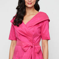 Elbow Sleeve Stretch Taffeta Blouse with Collar and Tie Waist
