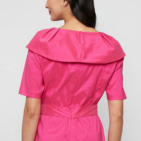 Elbow Sleeve Stretch Taffeta Blouse with Collar and Tie Waist