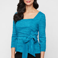 Regular - 3/4 Sleeve Crinkle Stretch Taffeta Blouse with Square Neckline and Tie Belt