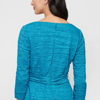 Petite 3/4 Sleeve Crinkle Stretch Taffeta Blouse with Square Neckline and Tie Belt