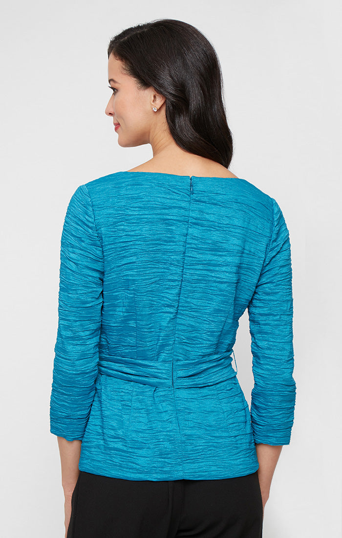 Regular - 3/4 Sleeve Crinkle Stretch Taffeta Blouse with Square Neckline and Tie Belt