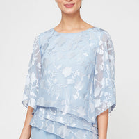 Burnout Chiffon Blouse with Asymmetrical Triple Tier Hem & Illusion Sleeves
