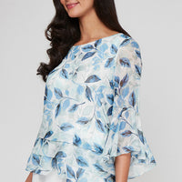 Regular - Printed Chiffon Burnout Blouse with Asymmetric Triple Tier Hem and Bell Sleeves