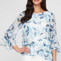 Regular - Printed Chiffon Burnout Blouse with Asymmetric Triple Tier Hem and Bell Sleeves