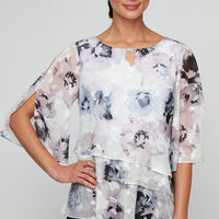 Printed Chiffon Burnout Blouse with Asymmetric Tier Hem Detail and Embellished Cutout Neckline