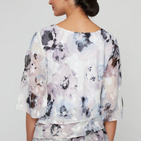 Printed Chiffon Burnout Blouse with Asymmetric Tier Hem Detail and Embellished Cutout Neckline