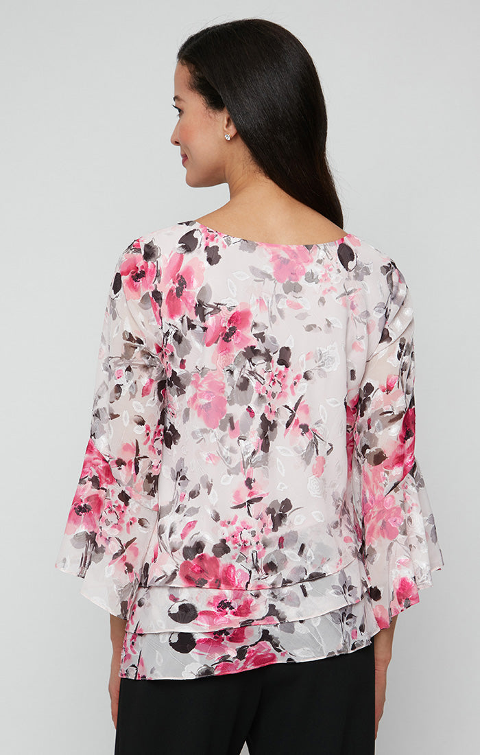 Petite 3/4 Sleeve Printed Chiffon Burnout Blouse with Bell Sleeves and Asymmetric Triple Tier Hem