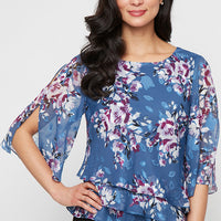 3/4 Sleeve Printed Chiffon Burnout Blouse with Asymmetric Triple Tier Hem