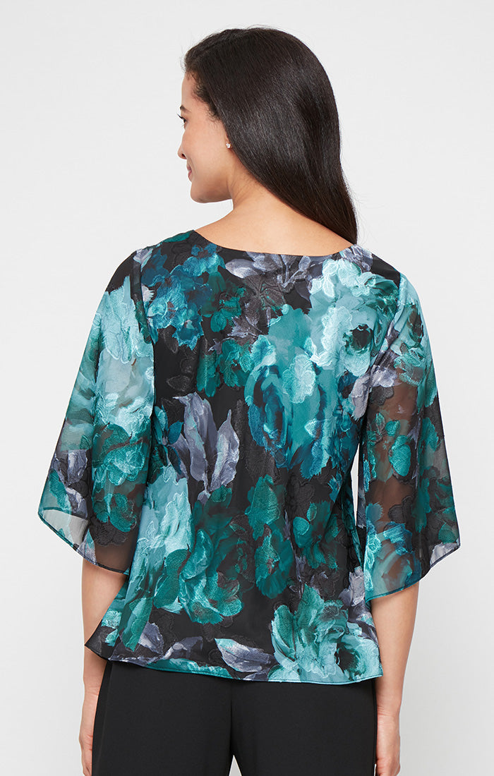 Printed V-Neck Chiffon Burnout Blouse with Tulip Hem
