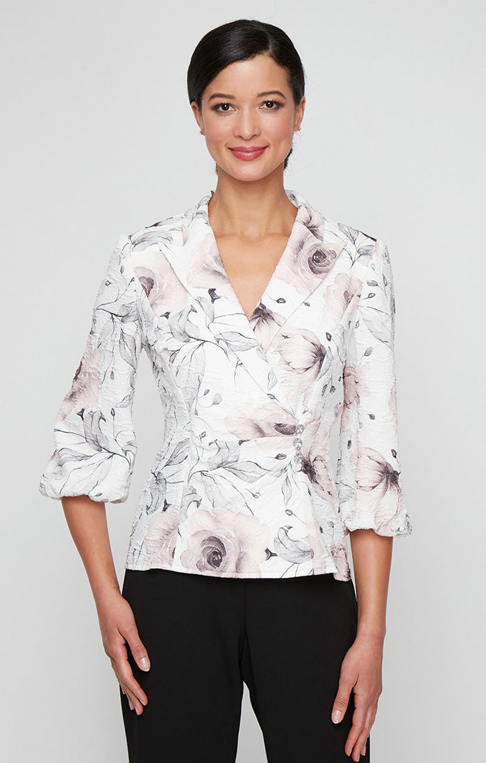 Plus - Printed Jacquard Knit Side Closure Blouse with Bubble Hem Sleeves