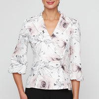 Printed Jacquard Knit Side Closure Blouse with Bubble Hem Sleeves