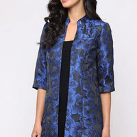 3/4 Sleeve Jacquard Twinset with Solid Jersey Scoop Neck Tank and Elongated Stand Collar Jacket