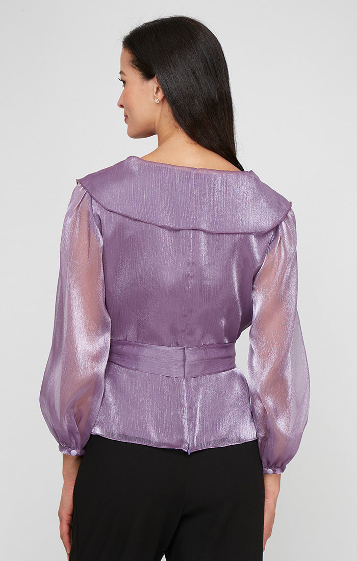 Plus - Portrait Collar Shimmer Blouse with Tie Waist and Illusion Sleeves