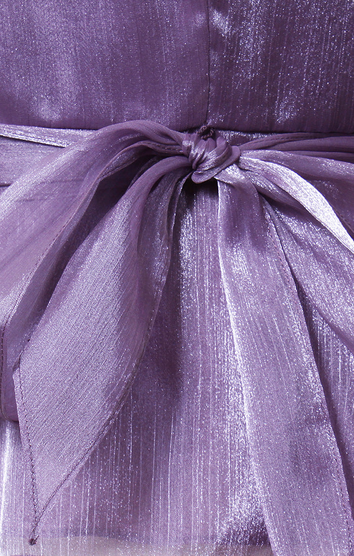 Plus - Portrait Collar Shimmer Blouse with Tie Waist and Illusion Sleeves