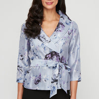 3/4 Sleeve Printed Organza Blouse with Portrait Collar and Tie Belt