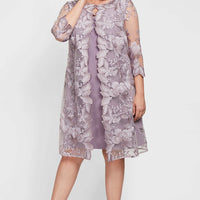 Plus - Embroidered Elongated Lace Mock Jacket with Jersey Sheath Dress