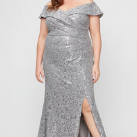 Plus - Off-the-Shoulder Corded Lace Long Gown with Sequin Detail