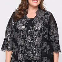 Plus 3/4 Sleeve Embroidered Twinset with Scoop Neck Tank, Open Jacket and Scallop Detail