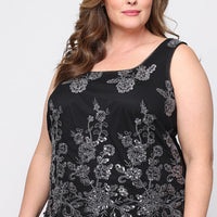 Plus 3/4 Sleeve Embroidered Twinset with Scoop Neck Tank, Open Jacket and Scallop Detail
