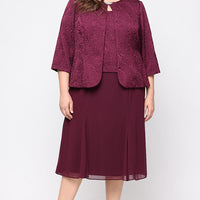 Plus Tea Length Textured Jacquard Mock Jacket Dress with Scoop Neck Bodice, Full Skirt and Decorative Hook Neck Closure Jacket