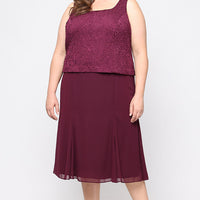 Plus Tea Length Textured Jacquard Mock Jacket Dress with Scoop Neck Bodice, Full Skirt and Decorative Hook Neck Closure Jacket