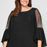 Plus 3/4 Sleeve Blouse With Beaded Illusion Detail and Cascade Bell Sleeves