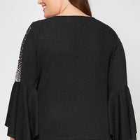Plus 3/4 Sleeve Blouse With Beaded Illusion Detail and Cascade Bell Sleeves