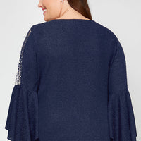 Plus 3/4 Sleeve Blouse With Beaded Illusion Detail and Cascade Bell Sleeves