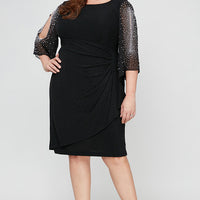 Plus Metallic Knit Party Dress with Embellished Illusion Sleeves & Cascade Ruffle Skirt