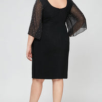 Plus Metallic Knit Party Dress with Embellished Illusion Sleeves & Cascade Ruffle Skirt