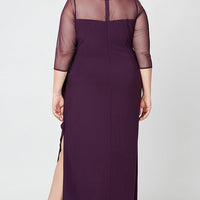 Plus Matte Jersey Illusion 3/4 Sleeve Side Ruched Dress with Embellished Neckline