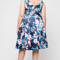 Plus - Midi Sleeveless Printed Stretch Faille A-Line Dress with V-Neckline