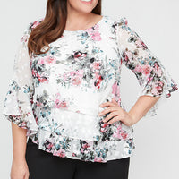 Plus - Printed Chiffon Blouse with Triple Tier Asymmetric Hem & Bell Sleeves