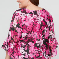 Plus Floral Chiffon Blouse with Asymmetric Triple Tier Hem & Bell Sleeves