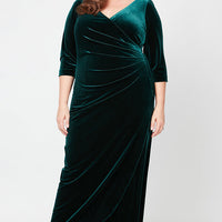 Plus Long Surplice Neckline Velvet Dress with Tulip Overlay Hem Skirt and 3/4 Sleeves