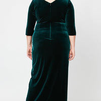 Plus Long Surplice Neckline Velvet Dress with Tulip Overlay Hem Skirt and 3/4 Sleeves