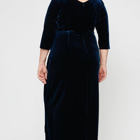Plus Long Surplice Neckline Velvet Dress with Tulip Overlay Hem Skirt and 3/4 Sleeves
