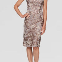 Short Embroidered Sheath Dress With Cap Sleeves and Sequin Detail