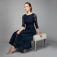 Cocktail Dress with Lace Bodice, Illusion 3/4 Sleeves & Striped Organza Skirt